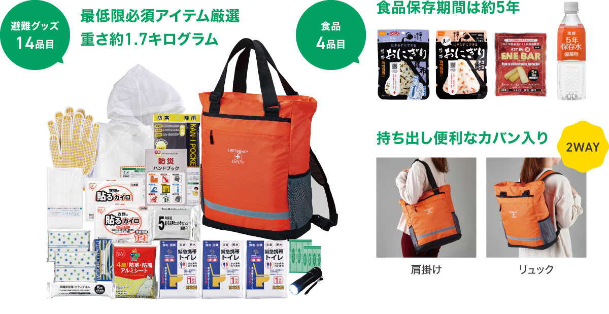 避難グッズ14品目 食品4品目 持ち出し便利なカバン入り